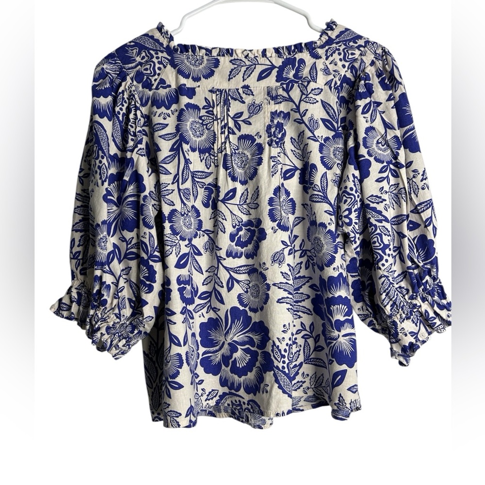 Rachel Zoe Blue & White Floral Puff Sleeve Crop Blouse – Size S - Picture 2 of 5